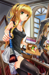 Rule 34 | 1girl, :&lt;, art brush, bad id, bad pixiv id, blonde hair, canvas (object), drawing, easel, green eyes, highres, long hair, original, paintbrush, painting (action), palette (object), recursion, side ponytail, sitting, skirt, solo, stairs, traditional media