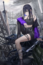 Rule 34 | 1girl, asymmetrical clothes, bandages, black hair, blanc (blanc97), blue hair, boots, chain, colored inner hair, commentary, denim, dual wielding, earrings, green eyes, high-waist pants, highres, holding, jacket, jacket partially removed, jeans, jewelry, long hair, looking at viewer, multicolored hair, multiple rings, off shoulder, original, outdoors, pants, ring, ruins, single pantsleg, solo, sword, symbol-only commentary, tank top, weapon