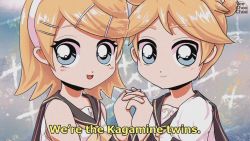 Rule 34 | 1990s (style), 1boy, 1girl, anime coloring, bare shoulders, bass clef, blonde hair, blue eyes, brother and sister, commentary, english commentary, english text, fake screenshot, hair ornament, hairband, hairclip, highres, holding hands, kagamine len, kagamine rin, looking at viewer, necktie, ponytail, retro artstyle, sailor collar, short hair, siblings, smile, subtitled, treble clef, twins, upper body, veechoochoo, vocaloid