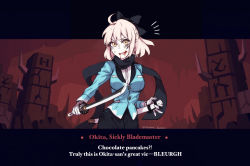 Rule 34 | 1girl, ahoge, alternate costume, araimin, black bow, black scarf, black skirt, blonde hair, blood, blood on face, blue jacket, blush, bow, character name, commentary, crossover, english text, fake screenshot, fate/grand order, fate (series), hair bow, helltaker, highres, holding, holding sword, holding weapon, jacket, japanese clothes, katana, long sleeves, looking at viewer, okita souji (fate), okita souji (koha-ace), open mouth, parody, scarf, sheath, shirt, short hair, skirt, solo, sword, teeth, v-shaped eyebrows, weapon, white shirt, yellow eyes