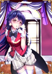 Rule 34 | 1girl, absurdres, animal ears, artist request, bad id, bad pixiv id, blue hair, blush, commentary request, cowboy shot, earrings, finger to mouth, frills, gloves, hair between eyes, highres, jewelry, korekara no someday, long hair, looking at viewer, love live!, love live! school idol project, neck ribbon, open mouth, puffy pants, rabbit ears, ribbon, shorts, sleeveless, smile, solo, sonoda umi, thighhighs, white thighhighs, yellow eyes, zettai ryouiki