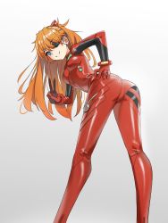 Rule 34 | 1girl, absurdres, ass, ass grab, blue eyes, bodysuit, breasts, commentary, evangelion: 3.0+1.0 thrice upon a time, eyepatch, grabbing own ass, gradient background, grin, hair ornament, hand on own hip, highres, interface headset, kiritzugu, long hair, long sleeves, looking at viewer, looking back, medium breasts, neon genesis evangelion, orange hair, parted lips, pilot suit, plugsuit, rebuild of evangelion, red bodysuit, shiny clothes, simple background, skin tight, smile, solo, souryuu asuka langley, symbol-only commentary, teeth, v, very long hair, wide hips