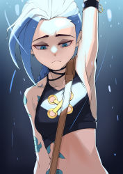 Rule 34 | 1girl, :&lt;, absurdres, alternate breast size, arcane: league of legends, arcane jinx, arm tattoo, arm up, armpits, asymmetrical bangs, bare shoulders, braid, breasts, cloud tattoo, earrings, elec (handsomeic), gradient background, highres, jewelry, jinx (league of legends), league of legends, long hair, looking down, medium breasts, shoulder tattoo, single braid, solo, stomach, tattoo, upper body