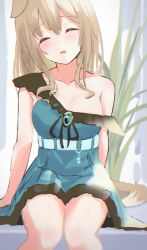 Rule 34 | 1girl, animal ears, arknights, breasts, brown hair, cowboy shot, dog ears, dress, drooling, closed eyes, facing viewer, green dress, highres, kurasss000, long hair, medium breasts, official alternate costume, plant, podenco (arknights), podenco (wake up from a nap) (arknights), potted plant, sitting, sleeping, sleeping upright, solo, straight-on, strap slip