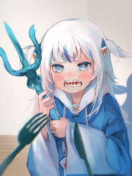 Rule 34 | 1girl, angry, blue eyes, blue hair, blue hoodie, blunt bangs, blurry, blurry background, blush, commentary, crying, depth of field, fins, fish tail, fork, furrowed brow, gawr gura, gawr gura (1st costume), hair ornament, highres, holding, holding trident, holding weapon, hololive, hololive english, hood, hood down, hoodie, indoors, knife, long hair, long hoodie, long sleeves, looking at viewer, multicolored hair, open mouth, polearm, pov, sad, shark girl, shark hair ornament, shark tail, sharp teeth, solo focus, streaked hair, streaming tears, suguri nojo, tail, tearing up, tears, teeth, trident, two-handed, two side up, upper body, virtual youtuber, wavy mouth, weapon, white background, white hair, wide sleeves, wooden floor