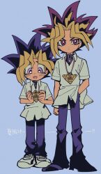 Rule 34 | 2boys, blonde hair, blue background, blush, closed mouth, collared shirt, full body, hand in pocket, height difference, highres, male focus, millennium puzzle, multicolored hair, multiple boys, muto yugi, open mouth, pants, purple eyes, purple hair, sameyama jiro, shirt, shoes, short sleeves, simple background, sneakers, spiked hair, standing, white shirt, yami yugi, yu-gi-oh!, yu-gi-oh! duel monsters