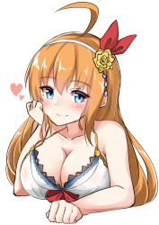 Rule 34 | 1girl, absurdres, ahoge, babydoll, bare arms, bare shoulders, blue eyes, blush, breasts, brown hair, cleavage, closed mouth, collarbone, flower, hair between eyes, hair flower, hair ornament, hair ribbon, hairband, highres, large breasts, long hair, looking at viewer, moyoron, pecorine (princess connect!), pecorine (summer) (princess connect!), princess connect!, red ribbon, ribbon, rose, simple background, smile, solo, split mouth, very long hair, white babydoll, white background, white hairband, yellow flower, yellow rose