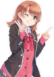 Rule 34 | 1girl, ;q, blazer, blush, bow, brown eyes, brown hair, brown jacket, cardigan, closed mouth, collared shirt, commentary request, dress shirt, fingernails, grey skirt, hair between eyes, hands up, index finger raised, isshiki iroha, jacket, long hair, long sleeves, looking at viewer, miri (ago550421), one eye closed, open clothes, open jacket, pink cardigan, plaid, plaid skirt, pleated skirt, red bow, school uniform, shirt, signature, simple background, skirt, sleeves past wrists, smile, solo, tongue, tongue out, v, white background, white shirt, yahari ore no seishun lovecome wa machigatteiru.