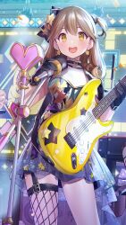 Rule 34 | 1girl, :d, black gloves, black thighhighs, blue bow, blue dress, bow, brown hair, concert, cowboy shot, dress, earrings, electric guitar, fishnet thighhighs, fishnets, garter straps, girl cafe gun, gloves, guitar, hair bow, highres, holding, holding instrument, holding microphone stand, instrument, jewelry, layered dress, medium hair, microphone stand, music, official art, one side up, open mouth, popqn, screen, short dress, singing, single garter strap, single thighhigh, smile, solo, speaker, stage, stage lights, star (symbol), star earrings, star print, su xiaozhen, teeth, thighhighs, upper teeth only, yellow eyes