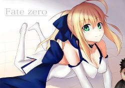Rule 34 | 1girl, ahoge, akatsuki ikki, artoria pendragon (all), artoria pendragon (fate), bare shoulders, blonde hair, bow, breasts, capcom, chibi, choker, cleavage, dress, emiya kiritsugu, face, fate/stay night, fate/unlimited codes, fate/zero, fate (series), green eyes, hair bow, looking at viewer, lying, official alternate costume, official alternate hairstyle, on stomach, ponytail, saber (fate), saber (pure night dress) (fate), saber lily, smile, solo, thighhighs, white thighhighs