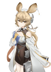 Rule 34 | 1girl, absurdres, animal ears, arknights, black dress, blonde hair, book, breasts, cleavage, coat, cowboy shot, dorothy (arknights), dress, gloves, hair between eyes, highres, holding, holding book, long hair, long sleeves, looking at viewer, open clothes, open coat, sarea (sarea2020), short dress, simple background, smile, solo, standing, very long hair, white background, white coat, white headwear, yellow eyes, yellow gloves