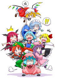 Rule 34 | !, !!, 6+girls, ^^^, angry, aono3, blonde hair, chibi, cirno, embodiment of scarlet devil, flandre scarlet, fume, hat, highres, hong meiling, human tower, izayoi sakuya, koakuma, multiple girls, musical note, open mouth, patchouli knowledge, red eyes, remilia scarlet, ribbon, rumia, simple background, stacking, touhou, white background