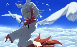 Rule 34 | 10s, 1girl, above clouds, absurdres, bird, black hair, blurry, buttons, cloud, day, depth of field, frilled sleeves, frills, fur collar, gradient hair, hand on own chest, head wings, highres, japanese crested ibis (kemono friends), kemono friends, long hair, long sleeves, miniskirt, multicolored hair, open mouth, outdoors, outstretched arm, red hair, red skirt, skirt, sky, tokoname, white hair, wings, yellow eyes