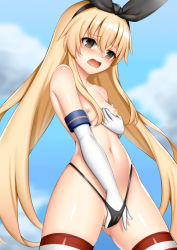 Rule 34 | 1girl, black panties, blonde hair, blue sky, breasts, cloud, elbow gloves, female masturbation, gloves, grey eyes, hair between eyes, hairband, hand in panties, highleg, highleg panties, kantai collection, long hair, masturbation, navel, nipples, no bra, panties, shimakaze (kancolle), sky, small breasts, solo, striped clothes, striped thighhighs, thighhighs, toshishikisai, underwear, white gloves