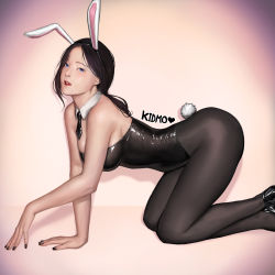 Rule 34 | 1girl, absurdres, all fours, animal ears, ass, bare shoulders, black footwear, black hair, black hairband, black leotard, black nails, black necktie, black pantyhose, blue eyes, breasts, commentary request, crossed ankles, detached collar, fake animal ears, from side, gradient background, hairband, heart, highres, kidmo, korean commentary, leotard, looking at viewer, medium breasts, nail polish, necktie, original, pantyhose, parted lips, playboy bunny, rabbit, rabbit ears, rabbit tail, shiny clothes, signature, solo, tail