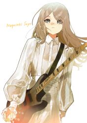 Rule 34 | 1girl, absurdres, bang dream!, bang dream! it&#039;s mygo!!!!!, bass guitar, brown hair, character name, closed mouth, collared shirt, commentary, earrings, grey eyes, grey skirt, guitar, hashtag-only commentary, highres, holding, holding guitar, holding instrument, holding plectrum, instrument, jewelry, long hair, long sleeves, looking at viewer, nagasaki soyo, plectrum, shirt, simple background, skirt, solo, white background, white shirt, yoru (yqoayqoa10)