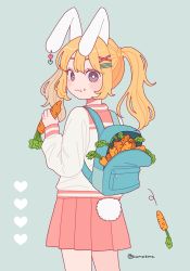 Rule 34 | 1girl, absurdres, animal ears, aqua background, backpack, bag, blonde hair, bright pupils, carrot, chewing, commentary request, cowboy shot, eating, emma (kumaema), food, food on face, from behind, hair ornament, hairclip, heart, highres, holding, holding food, long sleeves, looking at viewer, looking back, original, pleated skirt, purple eyes, rabbit ears, rabbit girl, rabbit tail, red sailor collar, red skirt, sailor collar, school uniform, serafuku, sidelocks, simple background, skirt, solo, tail, twintails, twitter username, white pupils, x hair ornament
