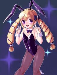 1girl alternate_costume blonde_hair bow drill_hair elise_(fire_emblem) fire_emblem fire_emblem_fates hair_bow leotard long_hair looking_at_viewer nintendo open_mouth pantyhose playboy_bunny purple_eyes purple_hair solo studio_sugimoto twin_drills twintails