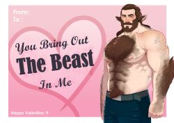 Rule 34 | 1boy, abs, absurdres, animal ears, arm hair, back hair, bara, beard, body fur, chest hair, clenched hand, conrad (getonjbart), cowboy shot, denim, facial hair, full beard, getonjbart, hairy, hand hair, heart, heart background, highres, huge pectorals, jeans, looking at viewer, male focus, mature male, monster boy, muscular, muscular male, navel hair, nipples, original, pants, pink background, solo, stomach, thick arm hair, thick beard, thick chest hair, thick eyebrows, thick mustache, thick navel hair, topless male, valentine, valentine card, very hairy, werewolf, wolf ears