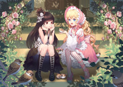 Rule 34 | 2girls, :d, apron, aquarius (artist), bird, black dress, black footwear, black hair, black hat, blonde hair, blue eyes, bonnet, boots, branch, choker, cross-laced footwear, dress, flower, frilled sleeves, frills, gothic lolita, hat, head rest, highres, lace, lace-up boots, lolita fashion, long hair, mary janes, mini hat, mini top hat, multiple girls, open mouth, original, pantyhose, pink dress, pink flower, pink footwear, pink rose, puffy short sleeves, puffy sleeves, red eyes, rose, shoes, short sleeves, sitting, smile, stairs, striped clothes, striped pantyhose, tilted headwear, top hat, very long hair, waist apron, wavy hair, white choker, wide sleeves