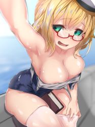 Rule 34 | 1girl, adjusting clothes, adjusting legwear, blonde hair, book, breasts, clothes pull, glasses, green eyes, hat, highres, i-8 (kancolle), kantai collection, karan, large breasts, one-piece swimsuit, one-piece swimsuit pull, open mouth, reaching, reaching towards viewer, red-framed eyewear, sailor hat, school swimsuit, semi-rimless eyewear, sitting, solo, swimsuit, thighhighs, white thighhighs
