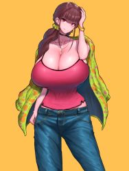Rule 34 | 1girl, breasts, brown hair, cleavage, highres, huge breasts, jacket, long hair, looking at viewer, original, pink shirt, red eyes, shirt, simple background, solo, tank top, upper body, white background, wolffeld price