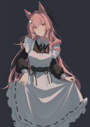 Rule 34 | 1girl, absurdres, alternate costume, animal ear fluff, animal ears, apron, arknights, black dress, black ribbon, blush, collared dress, commentary, cowboy shot, dress, enmaided, grey background, hair between eyes, hair ornament, hair ribbon, highres, huabuhaoren, lips, long hair, long sleeves, looking at viewer, maid, maid apron, neck ribbon, parted lips, pink eyes, pink hair, pozyomka (arknights), ribbon, simple background, skirt hold, sleeve cuffs, solo, very long hair, white ribbon, wolf ears, wolf girl