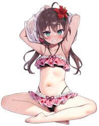 Rule 34 | 1girl, ahoge, armpits, arms up, ayaoshiro, barefoot, bikini, blue eyes, blush, brown hair, collarbone, earrings, flower, food print, grin, hair between eyes, hair flower, hair ornament, hibiscus, highres, hololive, jewelry, long hair, looking at viewer, low twintails, natsuiro matsuri, navel, pink bikini, red flower, shirt, sitting, smile, solo, strawberry print, sweat, swimsuit, transparent background, twintails, virtual youtuber, white shirt