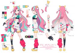 Rule 34 | 1girl, blue eyes, blue hair, bow, bowtie, breasts, character sheet, from behind, from side, full body, gloves, hair ornament, half gloves, bridal garter, long hair, loose bowtie, mika pikazo, multicolored eyes, multicolored hair, official art, pink hair, pinky pop hepburn, platform footwear, revision, ribbon, ribs, scrunchie, small breasts, solo, the moon studio, two side up, virtual youtuber, x, x hair ornament, yellow eyes