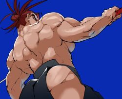 Rule 34 | 1boy, ass peek, back, bara, fate/grand order, fate (series), feet out of frame, from behind, from below, frown, hakama, hip vent, holding, holding sword, holding weapon, japanese clothes, large pectorals, looking at viewer, looking back, male focus, muscular, muscular male, pectorals, shiba ten, solo, spiked hair, sword, tanaka shinbei (fate), thick eyebrows, topless male, weapon