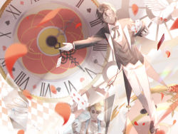 Rule 34 | 2boys, alternate costume, bird, blonde hair, blue eyes, bow, bowtie, brown hair, card, chio (akiciou), chocolate (food fantasy), clock, coffee (food fantasy), dark skin, dove, flower, food fantasy, formal, gloves, hat, key, lying, magician, multiple boys, official art, open clothes, open shirt, pectorals, playing cards, rose, smile, solo focus, suit, sunglasses, vest