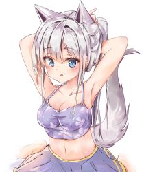 Rule 34 | 1girl, :o, absurdres, adjusting hair, animal ears, armpits, arms up, blue eyes, blush, breasts, cleavage, collarbone, commentary request, crop top, fox ears, fox girl, fox tail, hair between eyes, highres, hololive, long hair, looking at viewer, medium breasts, midriff, navel, open mouth, ponytail, pu lona, purple shirt, purple skirt, shirakami fubuki, shirt, sidelocks, simple background, sitting, skirt, solo, tail, virtual youtuber, wariza, white background, white hair