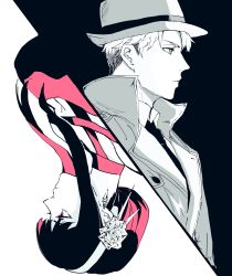 Rule 34 | black dress, blonde hair, dress, earrings, fedora, formal, gold earrings, gold hairband, green eyes, green jacket, green suit, hairband, hat, highres, husband and wife, jacket, jewelry, ly spyl, monochrome, necktie, red eyes, short hair with long locks, spy x family, suit, suit jacket, twilight (spy x family), two-sided dress, two-sided fabric, yor briar