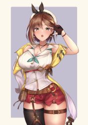 Rule 34 | 1girl, :o, absurdres, atelier (series), atelier ryza, atelier ryza 2, bare arms, bare shoulders, belt, beret, black gloves, black ribbon, black thighhighs, blush, border, braid, breasts, brown eyes, brown hair, buckle, cleavage, cowboy shot, earrings, glint, gloves, grey background, hat, hat ribbon, highres, jewelry, key, large breasts, mr2d, partially fingerless gloves, pouch, red shorts, reisalin stout, ribbon, shirt, short shorts, shorts, side braid, single sidelock, single thighhigh, skindentation, sleeveless, sleeveless shirt, solo, thigh strap, thighhighs, tucking hair, white hat, white shirt, yellow border