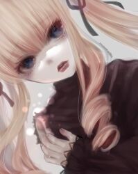 Rule 34 | 1girl, black dress, black ribbon, blonde hair, blue eyes, close-up, doll joints, dress, drill hair, expressionless, grey background, hair ribbon, highres, joints, kiru (m putorius), long hair, long sleeves, looking at viewer, missing limb, red lips, ribbon, rozen maiden, severed arm, severed limb, shinku, simple background, solo, torn clothes, twintails