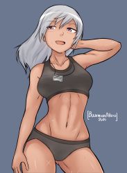 Rule 34 | 1girl, 2020, alternate costume, artist name, aurora e. juutilainen, black bra, black panties, bookmarkahead, bra, brave witches, breasts, contrapposto, dated, dog tags, earrings, gluteal fold, greyscale, groin, hand in own hair, highres, jewelry, long hair, medium breasts, midriff, monochrome, navel, panties, purple eyes, scar, solo, sports bra, strike witches: aurora no majo, sweat, underwear, world witches series
