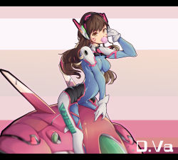 Rule 34 | 1girl, absurdres, armor, bodysuit, breasts, brown eyes, brown hair, blowing bubbles, character name, chewing gum, d.va (overwatch), eyebrows, facial mark, gloves, hand to head, hand up, headphones, high collar, highres, letterboxed, long hair, looking at viewer, mecha, medium breasts, meka (overwatch), overwatch, overwatch 1, pauldrons, pilot suit, robot, shoulder armor, solo, whisker markings, white gloves