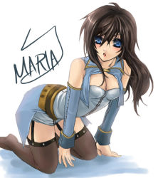 Rule 34 | 1girl, bad anatomy, blue eyes, brown hair, character name, cosplay, detached sleeves, elbow gloves, final fantasy, final fantasy viii, gloves, maria traydor, rinoa heartilly, rinoa heartilly (cosplay), solo, star ocean, star ocean till the end of time, thighhighs