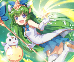 Rule 34 | 1girl, :3, :d, animal ears, blue eyes, blue skirt, blush, boots, breasts, eyebrows, from side, glint, gloves, green background, green hair, headdress, holding, holding staff, league of legends, long hair, lulu (league of legends), magical girl, open mouth, pix (league of legends), pleated skirt, poro (league of legends), shirt, skirt, sleeveless, sleeveless shirt, small breasts, smile, sora (dkssud6580), sparkle, staff, star (symbol), star guardian (league of legends), star guardian lulu, thigh boots, thighhighs, very long hair, white gloves, white shirt, white thighhighs, white wings, wings