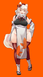 Rule 34 | 1girl, :d, animal ears, breasts, curvy, detached sleeves, eyebrows, fangs, framed breasts, geta, groin, hair ornament, hand on own hip, hat, highres, inubashiri momiji, large breasts, no panties, open mouth, orange background, pelvic curtain, red eyes, red thighhighs, shinobe, simple background, smile, solo, tabi, tail, tengu-geta, thick eyebrows, thick thighs, thighhighs, thighs, tokin hat, touhou, white hair, wide hips, wolf ears, wolf tail