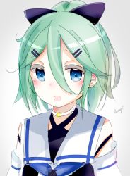 Rule 34 | 10s, 1girl, alternate hair length, alternate hairstyle, blue eyes, blush, collar, commentary request, eyelashes, green hair, grey background, hair between eyes, hair ornament, hairclip, half updo, highres, kantai collection, lauryl, open mouth, ribbon, short hair, signature, simple background, solo, upper body, yamakaze (kancolle)