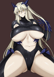 Rule 34 | 1girl, artoria pendragon (fate), artoria pendragon (lancer alter) (fate), black bodysuit, blonde hair, blush, bnc (bunshi), bodysuit, breasts, center opening, fate/grand order, fate (series), hair between eyes, highres, horns, huge breasts, long hair, looking at viewer, navel, revealing clothes, ribbed bodysuit, sidelocks, solo, thighs, underboob, yellow eyes