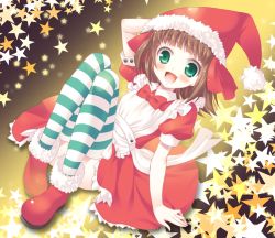 Rule 34 | 00s, 1girl, :d, amami haruka, apron, aqua eyes, arm behind head, bad id, bad pixiv id, boots, brown hair, christmas, dress, hat, idolmaster, idolmaster (classic), idolmaster 1, komi zumiko, looking at viewer, open mouth, santa boots, santa costume, santa hat, smile, solo, star (symbol), starry background, striped clothes, striped thighhighs, thighhighs