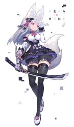 Rule 34 | 1girl, animal ear fluff, animal ears, bare shoulders, black dress, black shorts, black thighhighs, breasts, closed mouth, commentary request, dress, elbow gloves, fox ears, fox girl, fox tail, full body, glitch, gloves, grey hair, hair ornament, hand up, highres, holding, holding sword, holding weapon, katana, long hair, looking away, looking to the side, mamuru, medium breasts, original, puffy shorts, red eyes, shoes, short shorts, shorts, skindentation, smile, solo, sword, tail, thighhighs, weapon, white background, white footwear, white gloves
