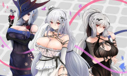 Rule 34 | 3girls, a lang zi, absurdres, alternate costume, arknights, arm under breasts, bare shoulders, black bow, black dress, black gloves, black headwear, blue dress, bow, breasts, chinese commentary, cleavage, closed mouth, commentary request, cup, detached collar, dress, drinking glass, earrings, elbow gloves, formal, gladiia (arknights), gloves, hair bow, hair ornament, hand up, hat, highres, holding, holding cup, jewelry, large breasts, multiple girls, nipples, off-shoulder dress, off shoulder, official alternate costume, orca hair ornament, pointy ears, ponytail, red eyes, silver hair, skadi (arknights), skadi the corrupting heart (arknights), smile, specter (arknights), thigh strap, white dress, white gloves, white headwear, wine glass