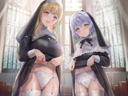 Rule 34 | 2girls, black dress, blonde hair, blue eyes, blush, breasts, clothes lift, cross, cross necklace, dress, dress lift, garter belt, grey hair, habit, highres, jewelry, large breasts, long hair, long sleeves, looking at viewer, multiple girls, navel, necklace, nun, open mouth, original, panties, sakamuke, short hair, small breasts, smile, thighhighs, thighs, underwear, white panties, white thighhighs