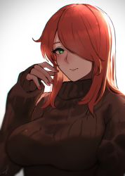 Rule 34 | 1girl, blush, breasts, brown sweater, closed mouth, fingernails, freckles, green eyes, hair over one eye, hand up, hayabusa, highres, large breasts, long hair, long sleeves, looking at viewer, mole, mole under eye, nail polish, one eye covered, orange hair, original, red nails, signature, simple background, sleeves past wrists, solo, sweater, white background
