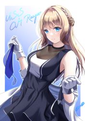 Rule 34 | 1girl, black dress, blonde hair, blue eyes, braid, breasts, character name, commentary request, cowboy shot, double bun, dress, gloves, hachiware (8ware63), hair bun, highres, kantai collection, long hair, looking at viewer, medium breasts, necktie, unworn necktie, ranger (kancolle), smile, solo, two-tone dress, white gloves