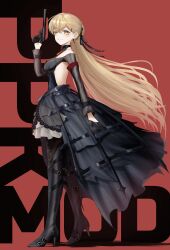 Rule 34 | 1girl, absurdres, backless dress, backless outfit, bare shoulders, black gloves, blonde hair, blush, boots, breasts, crinoline, cross, cross earrings, dress, earrings, from side, full body, girls&#039; frontline, gloves, guchagucha, gun, hair ornament, hair ribbon, hairclip, half gloves, handgun, high heel boots, high heels, highres, jewelry, long hair, looking at viewer, medium breasts, parted lips, ppk (girls&#039; frontline), ppk (mod3) (girls&#039; frontline), ribbon, smile, solo, suppressor, thigh boots, trigger discipline, very long hair, walther, walther ppk, weapon, yellow eyes
