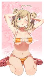 Rule 34 | 1girl, ;q, ahoge, armpits, arms up, beach, bikini, blush, breasts, closed mouth, cloud, collarbone, colored stripes, crocs, dated, eyepatch bikini, full body, green eyes, heart, heart ahoge, idolmaster, idolmaster cinderella girls, large breasts, looking at viewer, one eye closed, outline, outside border, palm tree, pink background, red footwear, rkrk, sato shin, shiny skin, short hair, short twintails, sidelocks, signature, sitting, skindentation, smile, solo, star (symbol), striped bikini, striped clothes, swept bangs, swimsuit, tongue, tongue out, tree, twintails, underboob, v-shaped eyebrows, wariza, white outline